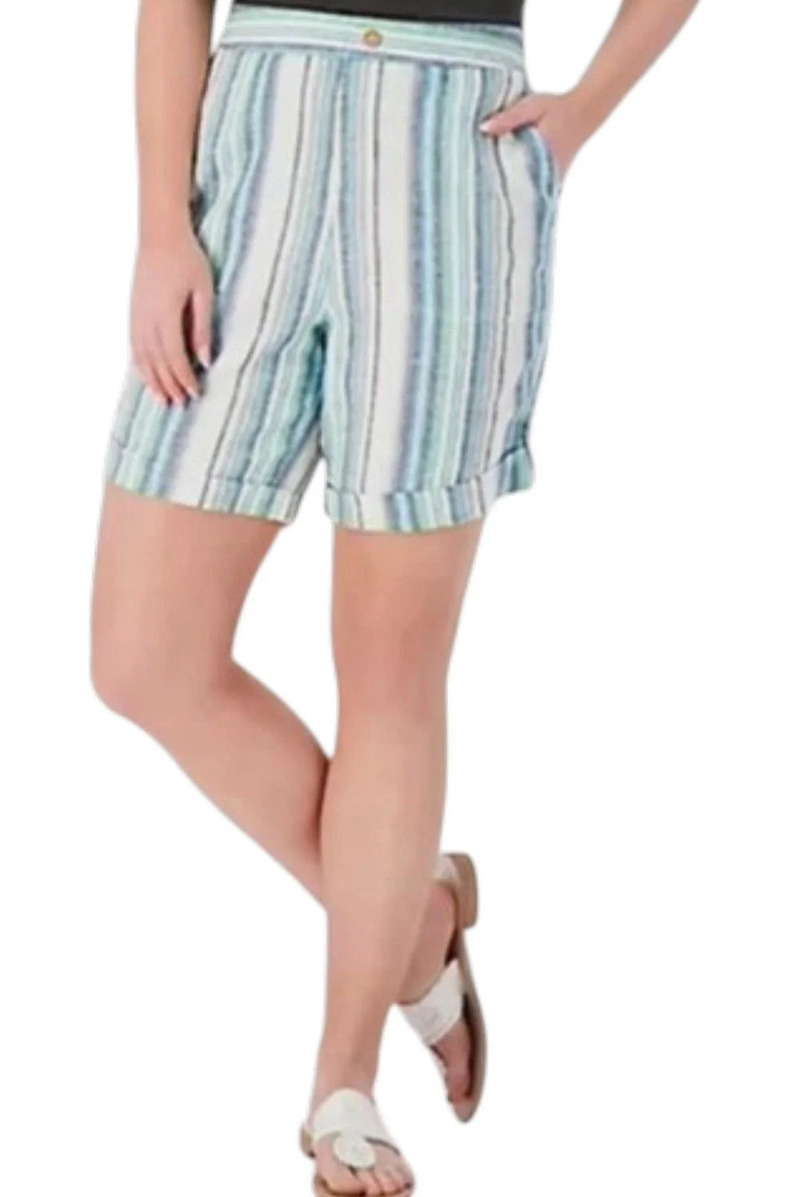 Denim & Co. Naturals Linen Blend Shorts w Cuff Detail Aqua Stripe - Regular